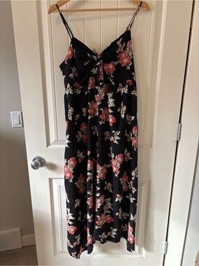 Black Floral Maxi Dress with Red & Cream Blooms Size XL Boho Romantic Feminine